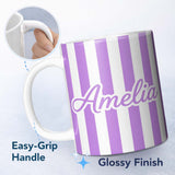 Personalized Custom Name Bold Wavy Purple White Halloween Stripe Seamless Pattern Name Cute 11oz Ceramic Coffee Tea Mug White Large Handle