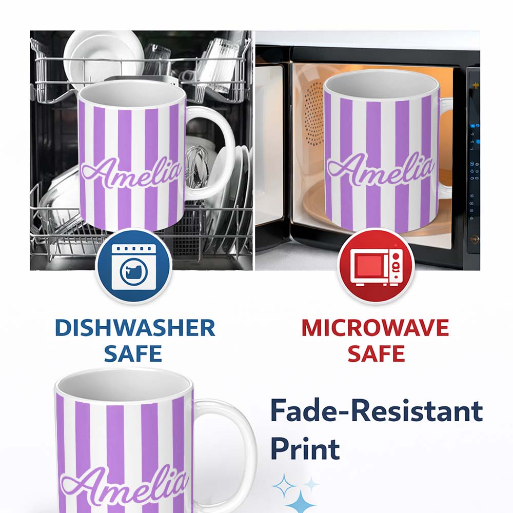 Personalized Custom Name Bold Wavy Purple White Halloween Stripe Seamless Pattern Name Cute 11oz Ceramic Coffee Tea Mug White Large Handle
