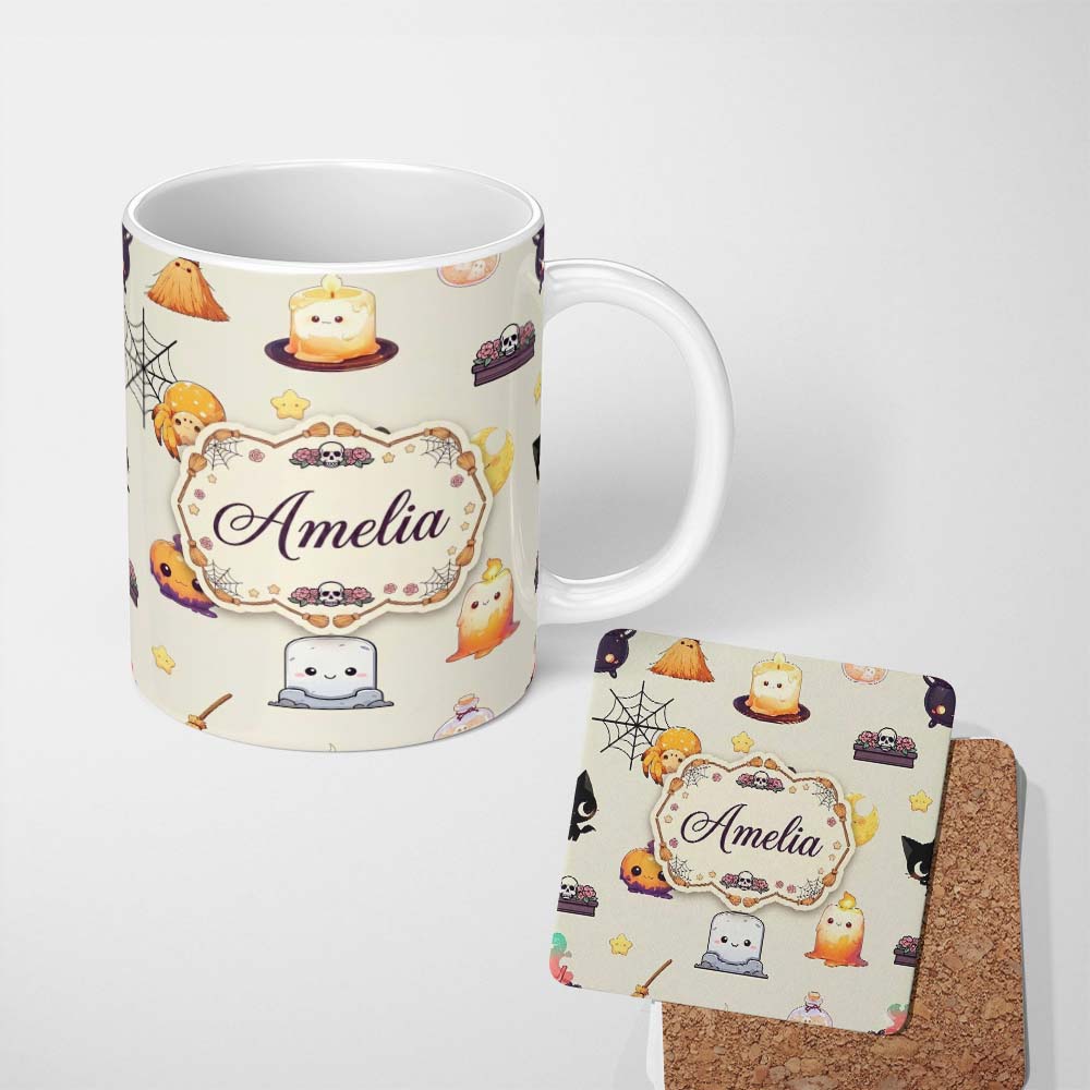 Personalized Custom Name Cute Kawaii Halloween Witch Pumpkin Spider Seamless Pattern Cream 11oz Ceramic Coffee Tea Mug White Large Handle