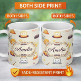 Personalized Custom Name Cute Kawaii Halloween Witch Pumpkin Spider Seamless Pattern Cream 11oz Ceramic Coffee Tea Mug White Large Handle