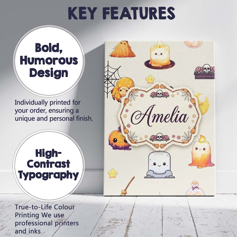 Personalised Name Cute Kawaii Halloween Custom  Modern Room Accent Elegant Feature Canvas Wall Art Print Decor Picture Ready to Hang