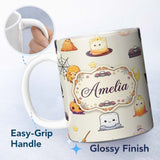 Personalized Custom Name Cute Kawaii Halloween Witch Pumpkin Spider Seamless Pattern Cream 11oz Ceramic Coffee Tea Mug White Large Handle