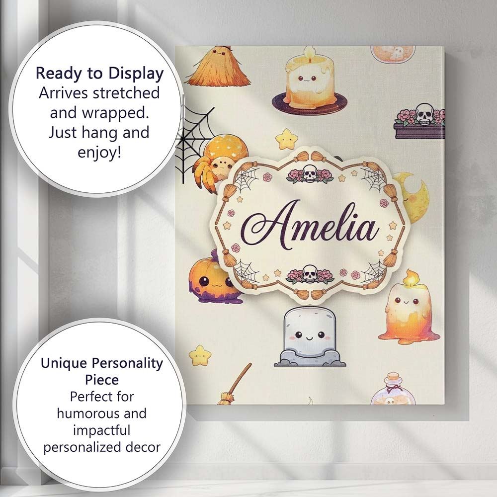 Personalised Name Cute Kawaii Halloween Custom  Modern Room Accent Elegant Feature Canvas Wall Art Print Decor Picture Ready to Hang