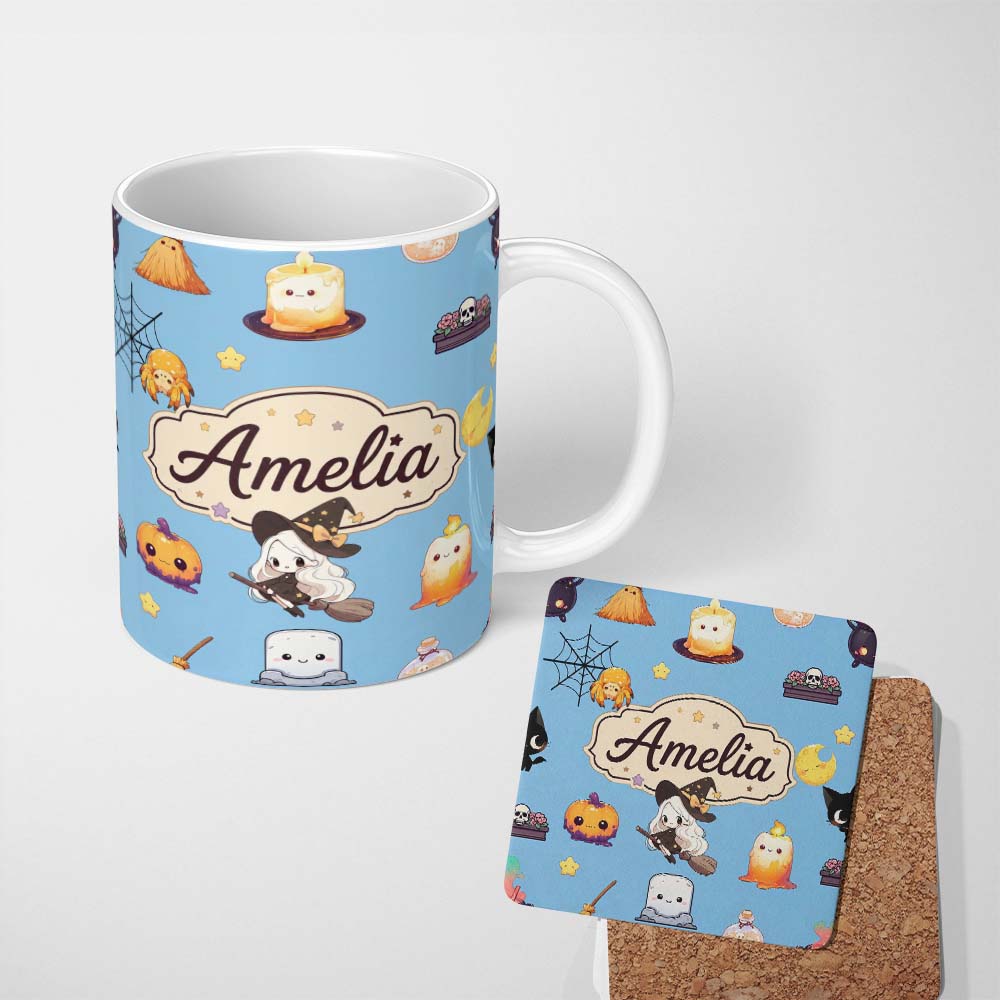 Personalized Custom Name Cute Kawaii Halloween Witch Pumpkin Spider Seamless Pattern Blue 11oz Ceramic Coffee Tea Mug White Large Handle