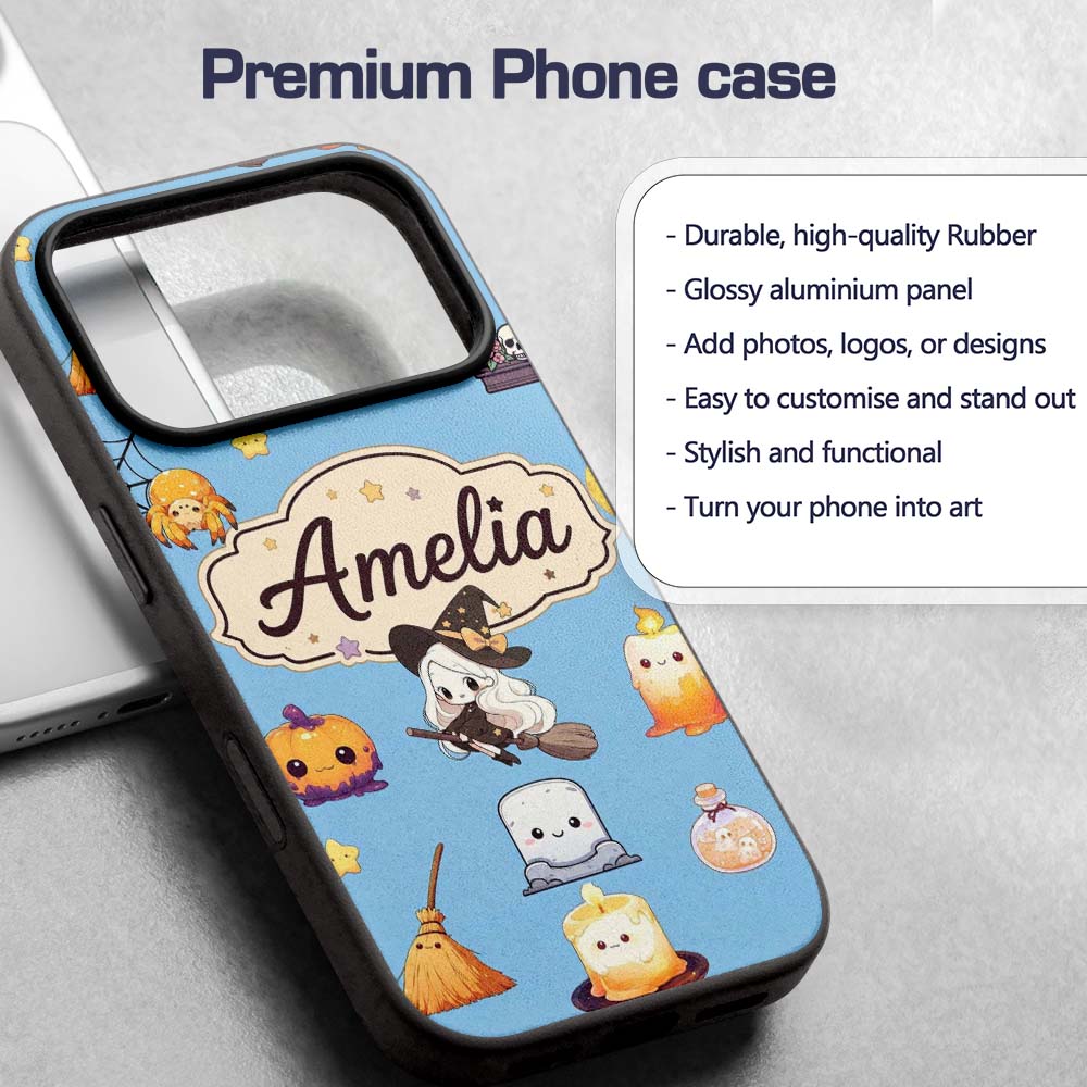 Cute Kawaii Halloween Witch Decorative Design Custom Name Protective Phone Case Mobile Cover Durable Everyday Smartphone Shock Resistant