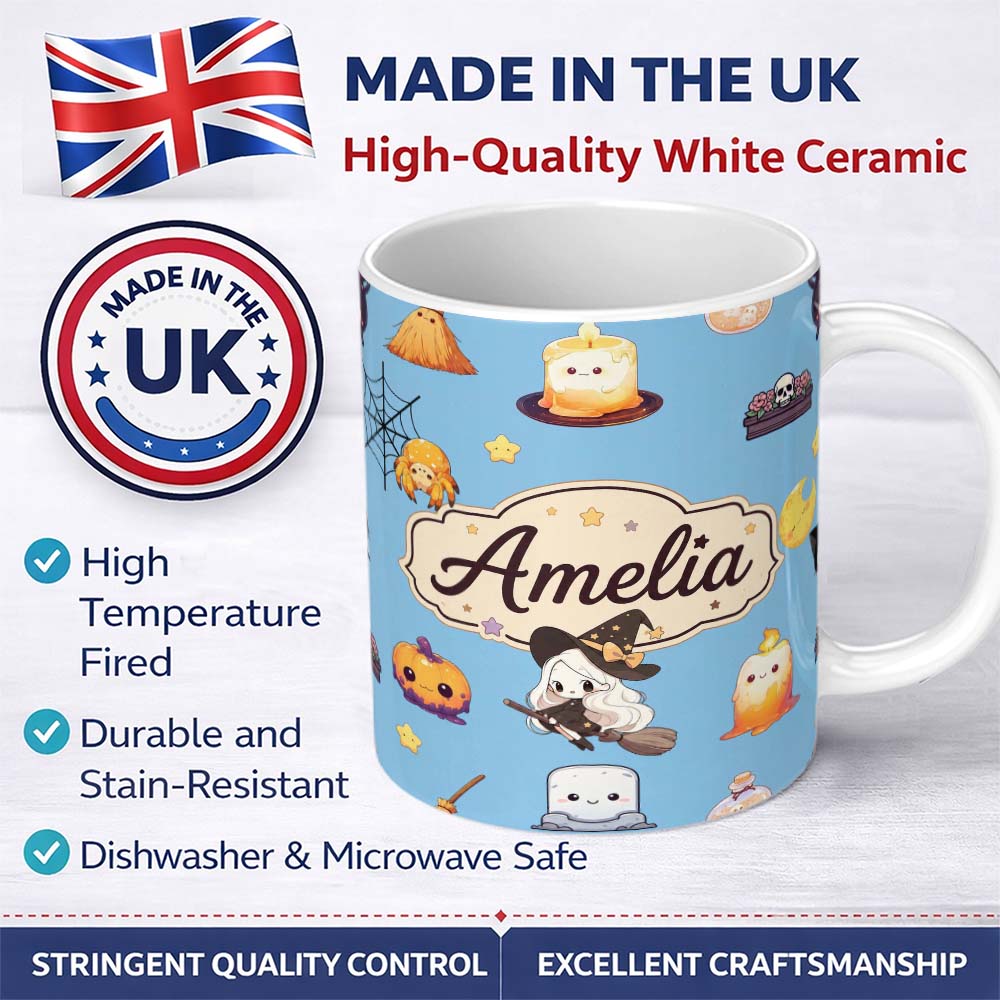 Personalized Custom Name Cute Kawaii Halloween Witch Pumpkin Spider Seamless Pattern Blue 11oz Ceramic Coffee Tea Mug White Large Handle