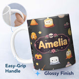Personalized Custom Name Cute Kawaii Halloween Witch Pumpkin Spider Seamless Pattern Dark 11oz Ceramic Coffee Tea Mug White Large Handle