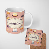 Personalized Custom Name Cute Kawaii Halloween Witch Pumpkin Spider Seamless Pattern Peach 11oz Ceramic Coffee Tea Mug White Large Handle
