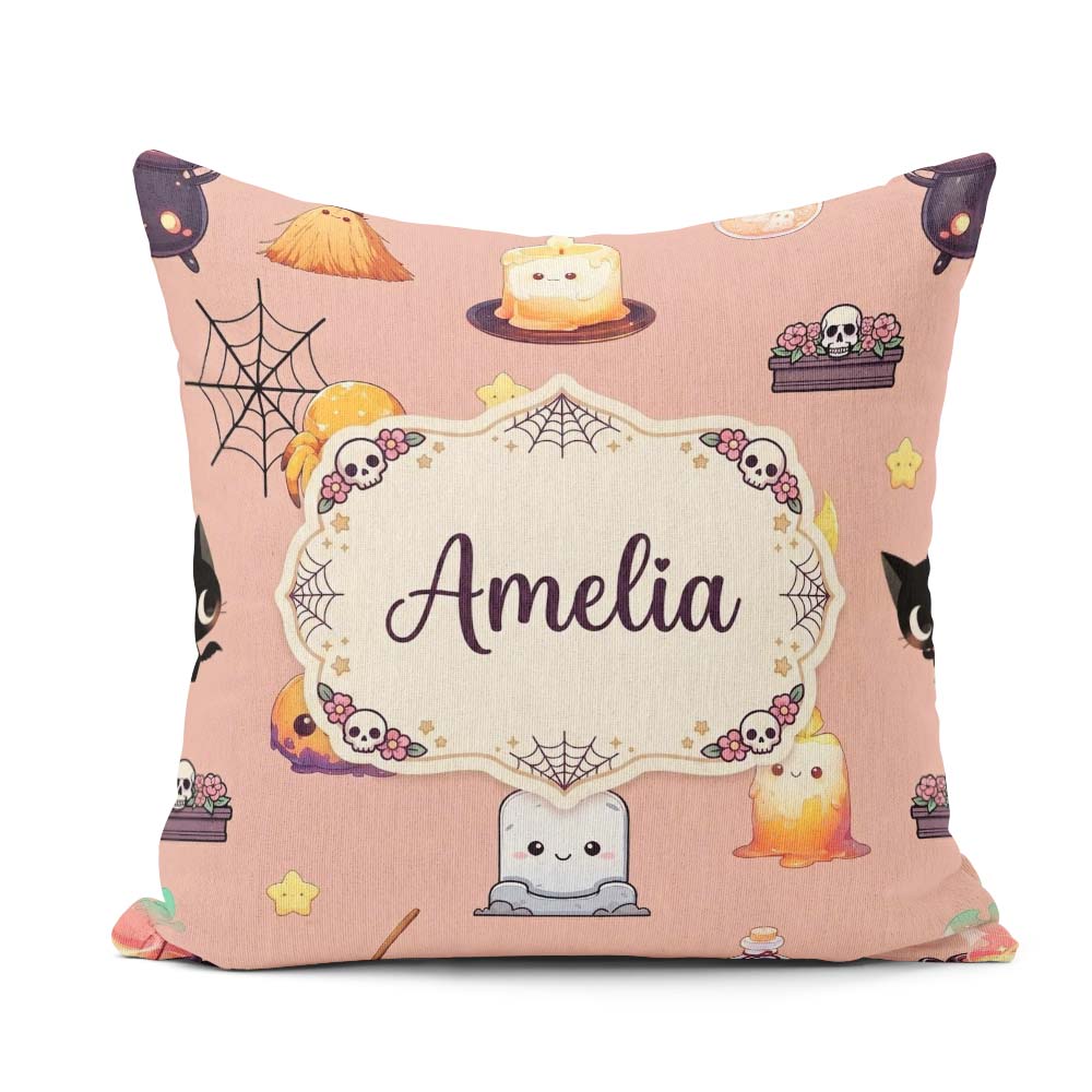 Custom Name Kawaii Halloween Witch Pumpkin Spider Seamless Peach Square Filled Cushion Throw Pillow Sofa Bed Home Decor Zip Washable UK Made