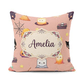 Custom Name Kawaii Halloween Witch Pumpkin Spider Seamless Peach Square Filled Cushion Throw Pillow Sofa Bed Home Decor Zip Washable UK Made