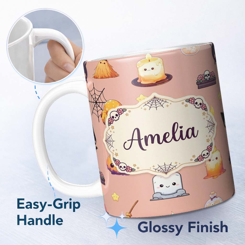 Personalized Custom Name Cute Kawaii Halloween Witch Pumpkin Spider Seamless Pattern Peach 11oz Ceramic Coffee Tea Mug White Large Handle