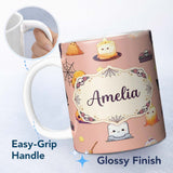 Personalized Custom Name Cute Kawaii Halloween Witch Pumpkin Spider Seamless Pattern Peach 11oz Ceramic Coffee Tea Mug White Large Handle