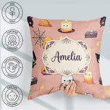Custom Name Kawaii Halloween Witch Pumpkin Spider Seamless Peach Square Filled Cushion Throw Pillow Sofa Bed Home Decor Zip Washable UK Made