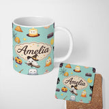 Personalized Custom Name Cute Kawaii Halloween Witch Pumpkin Spider Seamless Pattern Teal 11oz Ceramic Coffee Tea Mug White Large Handle