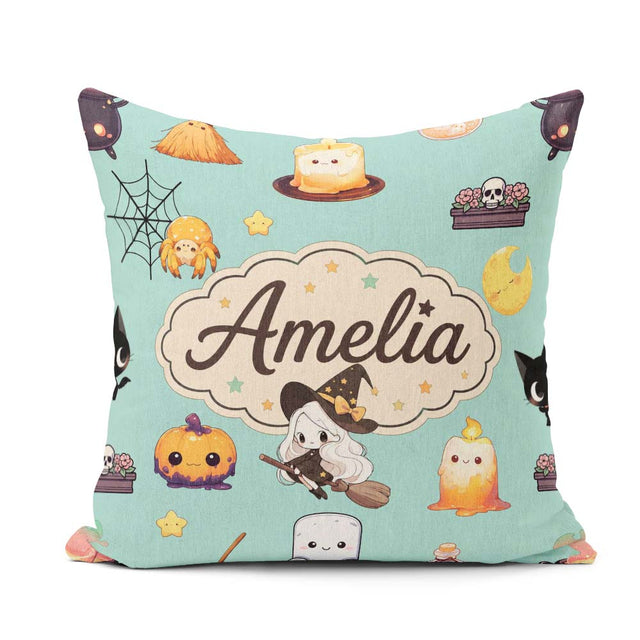 Custom Name Kawaii Halloween Witch Pumpkin Seamless Pattern Teal Square Filled Cushion Throw Pillow Sofa Bed Home Decor Zip Washable UK Made