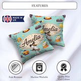 Custom Name Kawaii Halloween Witch Pumpkin Seamless Pattern Teal Square Filled Cushion Throw Pillow Sofa Bed Home Decor Zip Washable UK Made