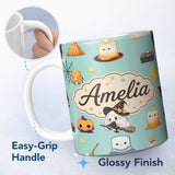 Personalized Custom Name Cute Kawaii Halloween Witch Pumpkin Spider Seamless Pattern Teal 11oz Ceramic Coffee Tea Mug White Large Handle