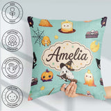 Custom Name Kawaii Halloween Witch Pumpkin Seamless Pattern Teal Square Filled Cushion Throw Pillow Sofa Bed Home Decor Zip Washable UK Made