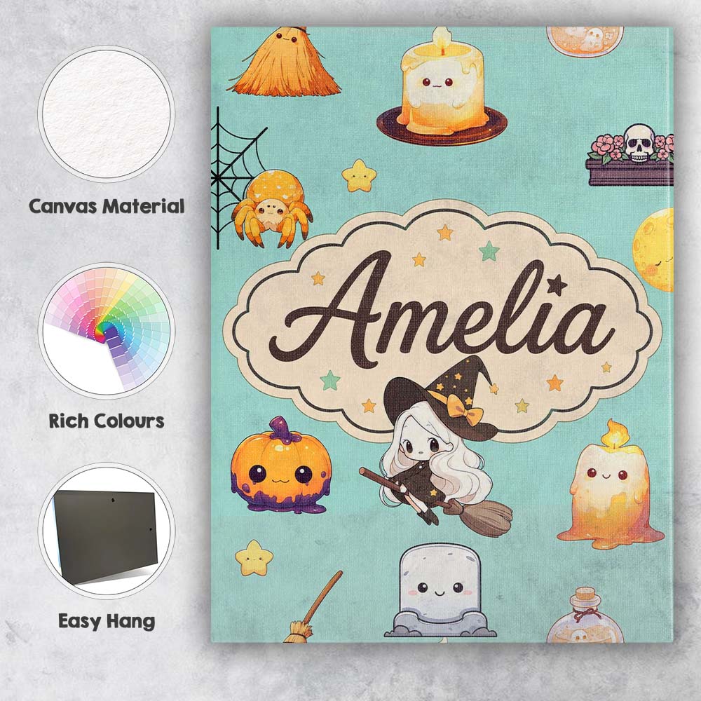 Personalised Name Cute Kawaii Halloween Custom  Modern Room Accent Elegant Feature Canvas Wall Art Print Decor Picture Ready to Hang