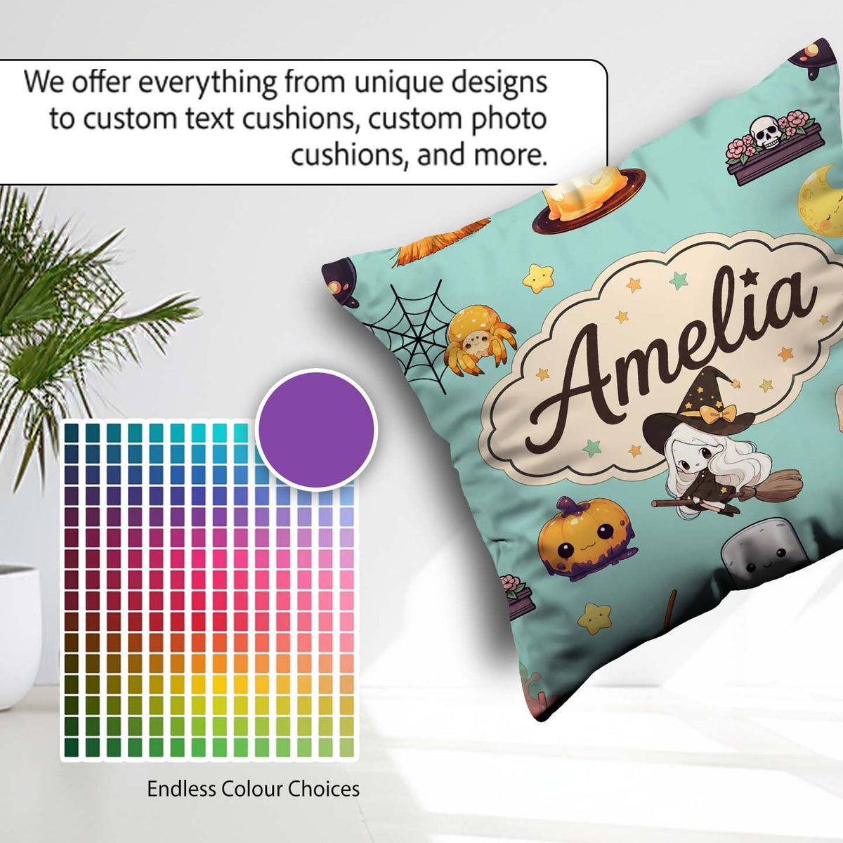 Custom Name Kawaii Halloween Witch Pumpkin Seamless Pattern Teal Square Filled Cushion Throw Pillow Sofa Bed Home Decor Zip Washable UK Made