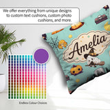 Custom Name Kawaii Halloween Witch Pumpkin Seamless Pattern Teal Square Filled Cushion Throw Pillow Sofa Bed Home Decor Zip Washable UK Made