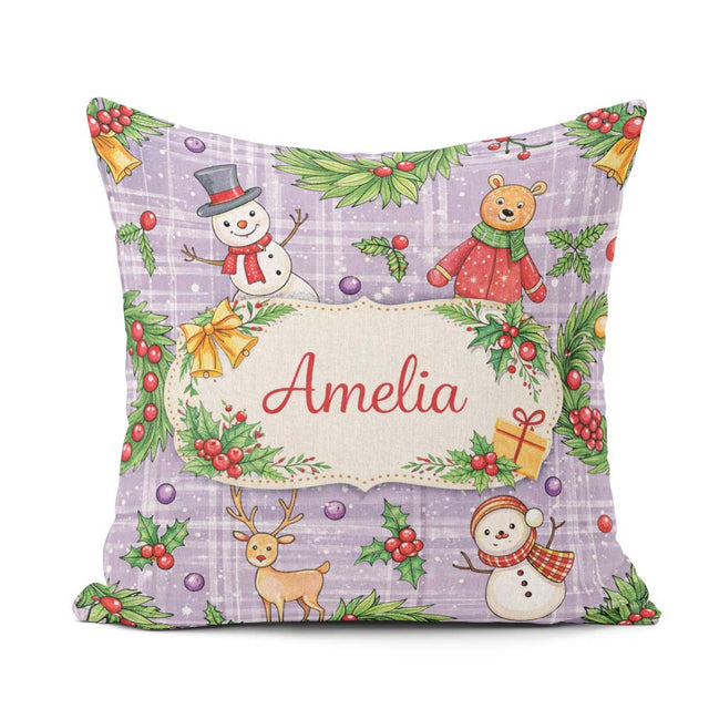 Custom Name Winter Holiday Snowman Reindeer Seamless Pattern Square Filled Cushion Throw Pillow Sofa Bed Home Decor Zip Washable UK Made