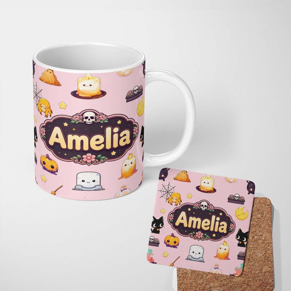 Personalized Custom Name Cute Kawaii Halloween Witch Pumpkin Spider Seamless Pattern Pink 11oz Ceramic Coffee Tea Mug White Large Handle