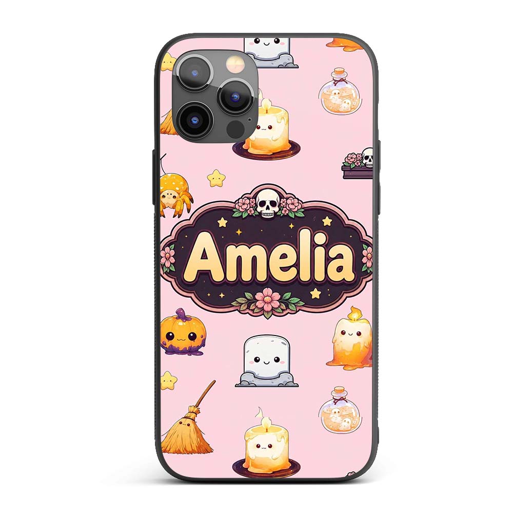 Cute Kawaii Halloween Witch Decorative Design Custom Name Protective Phone Case Mobile Cover Durable Everyday Smartphone Shock Resistant