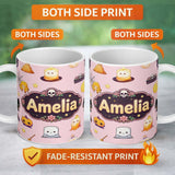 Personalized Custom Name Cute Kawaii Halloween Witch Pumpkin Spider Seamless Pattern Pink 11oz Ceramic Coffee Tea Mug White Large Handle