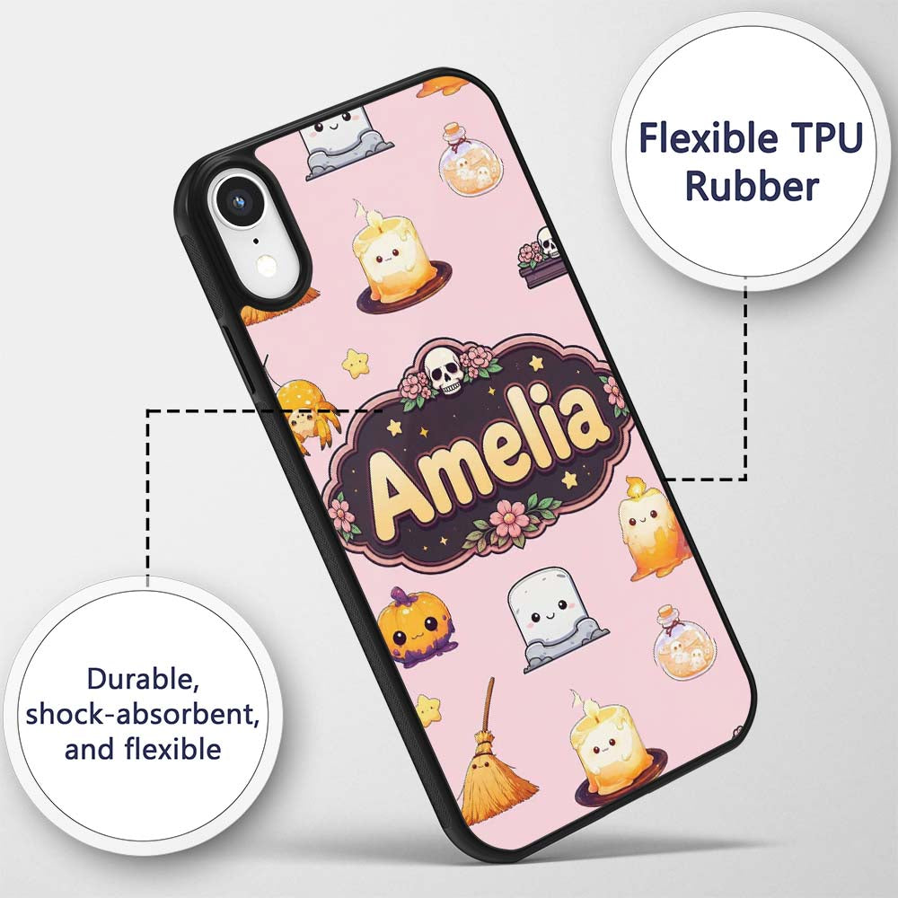 Cute Kawaii Halloween Witch Decorative Design Custom Name Protective Phone Case Mobile Cover Durable Everyday Smartphone Shock Resistant