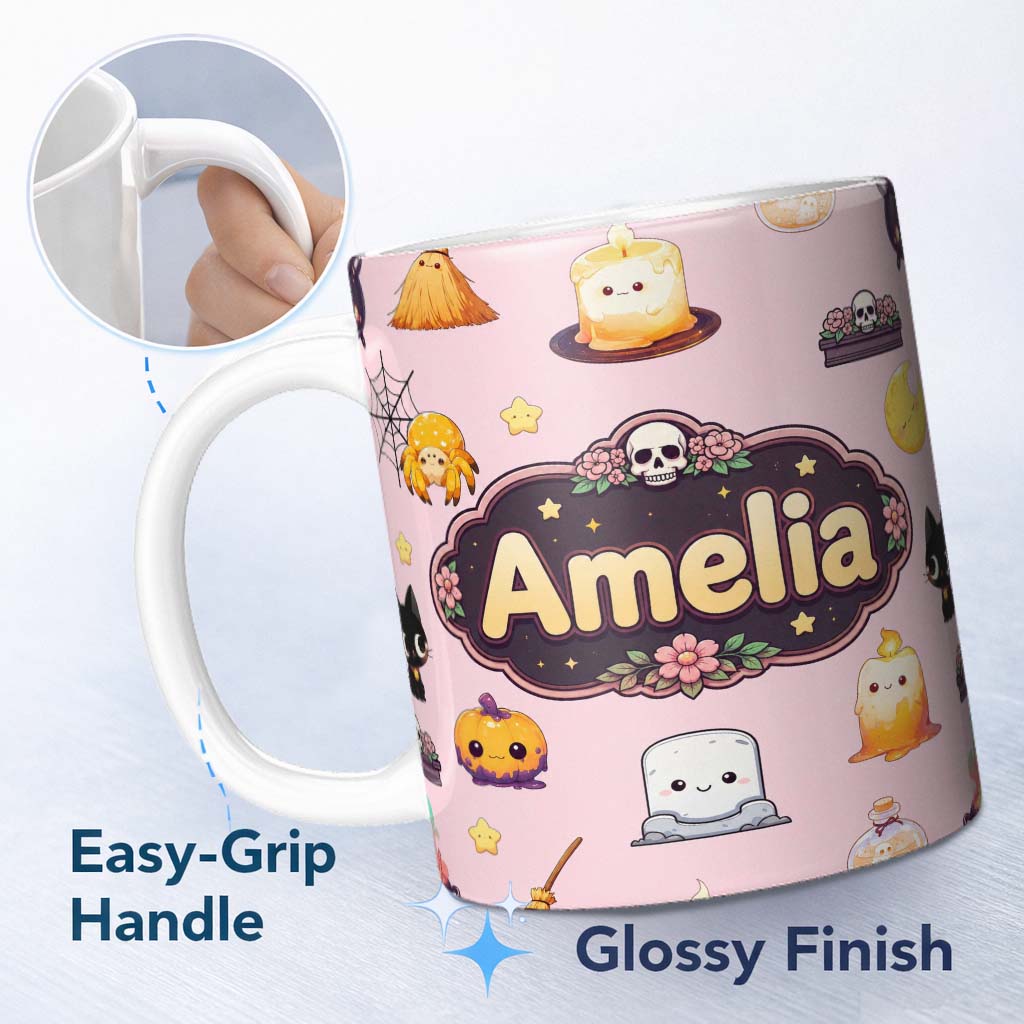 Personalized Custom Name Cute Kawaii Halloween Witch Pumpkin Spider Seamless Pattern Pink 11oz Ceramic Coffee Tea Mug White Large Handle