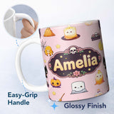Personalized Custom Name Cute Kawaii Halloween Witch Pumpkin Spider Seamless Pattern Pink 11oz Ceramic Coffee Tea Mug White Large Handle