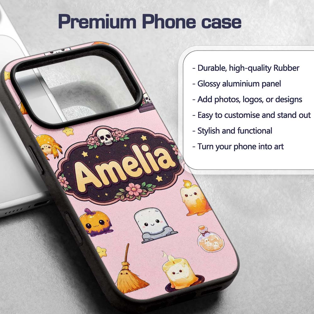 Cute Kawaii Halloween Witch Decorative Design Custom Name Protective Phone Case Mobile Cover Durable Everyday Smartphone Shock Resistant