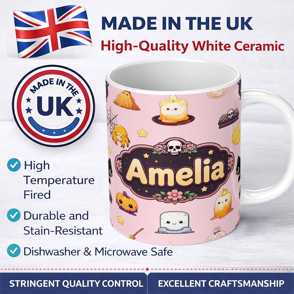 Personalized Custom Name Cute Kawaii Halloween Witch Pumpkin Spider Seamless Pattern Pink 11oz Ceramic Coffee Tea Mug White Large Handle