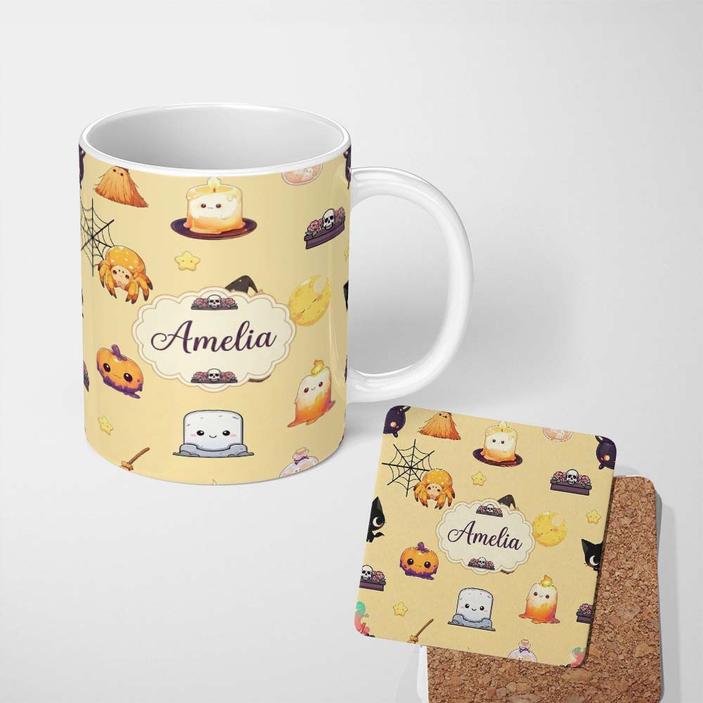Personalized Custom Name Cute Kawaii Halloween Witch Pumpkin Spider Seamless Pattern Beige 11oz Ceramic Coffee Tea Mug White Large Handle