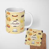 Personalized Custom Name Cute Kawaii Halloween Witch Pumpkin Spider Seamless Pattern Beige 11oz Ceramic Coffee Tea Mug White Large Handle