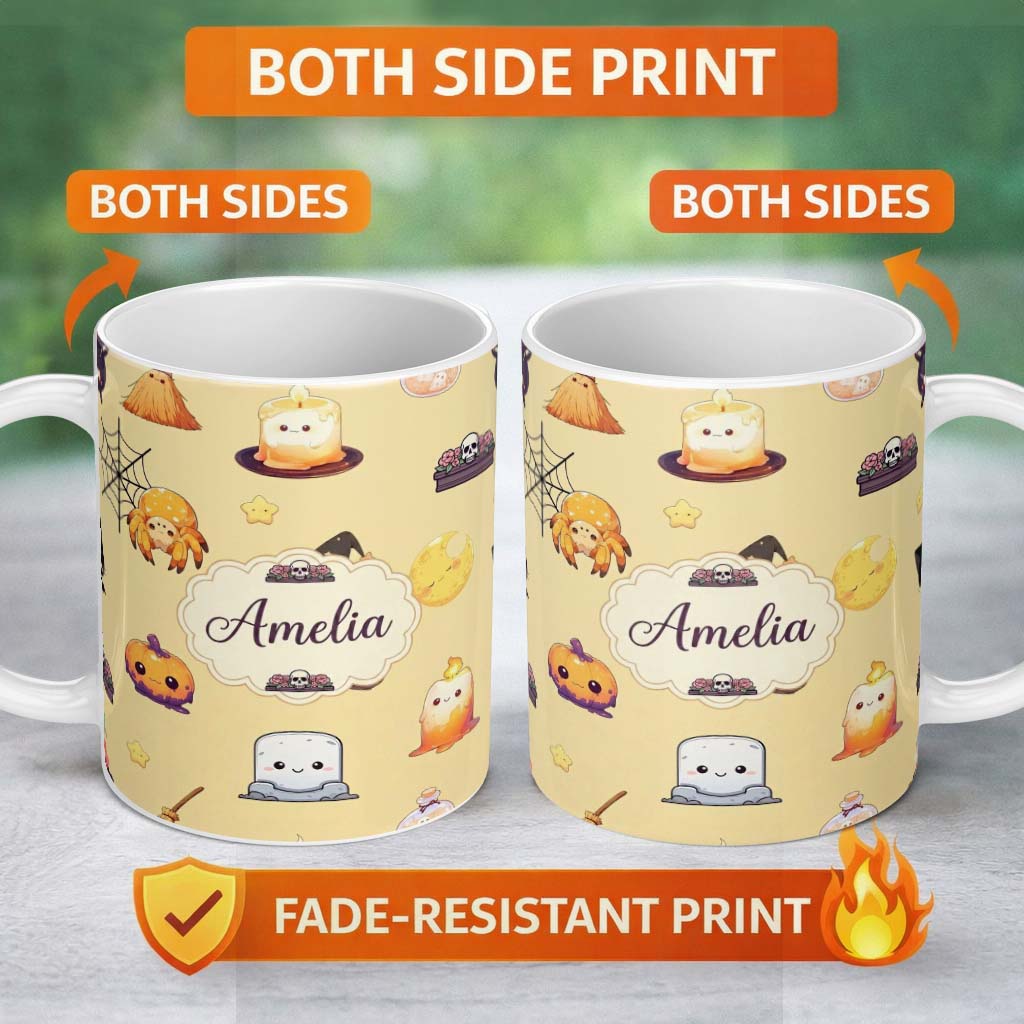 Personalized Custom Name Cute Kawaii Halloween Witch Pumpkin Spider Seamless Pattern Beige 11oz Ceramic Coffee Tea Mug White Large Handle