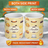 Personalized Custom Name Cute Kawaii Halloween Witch Pumpkin Spider Seamless Pattern Beige 11oz Ceramic Coffee Tea Mug White Large Handle