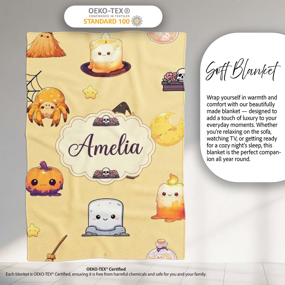 Cute Kawaii Halloween Witch Pumpkin Spider Seamless Pattern Beige  Personalised Custom Name Super Soft Fleece Blanket Bed Sofa Throw