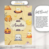 Cute Kawaii Halloween Witch Pumpkin Spider Seamless Pattern Beige  Personalised Custom Name Super Soft Fleece Blanket Bed Sofa Throw
