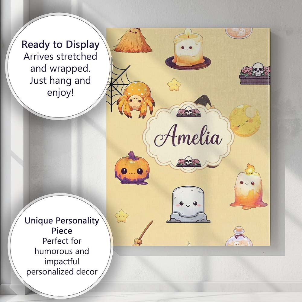 Personalised Name Cute Kawaii Halloween Custom  Modern Room Accent Elegant Feature Canvas Wall Art Print Decor Picture Ready to Hang