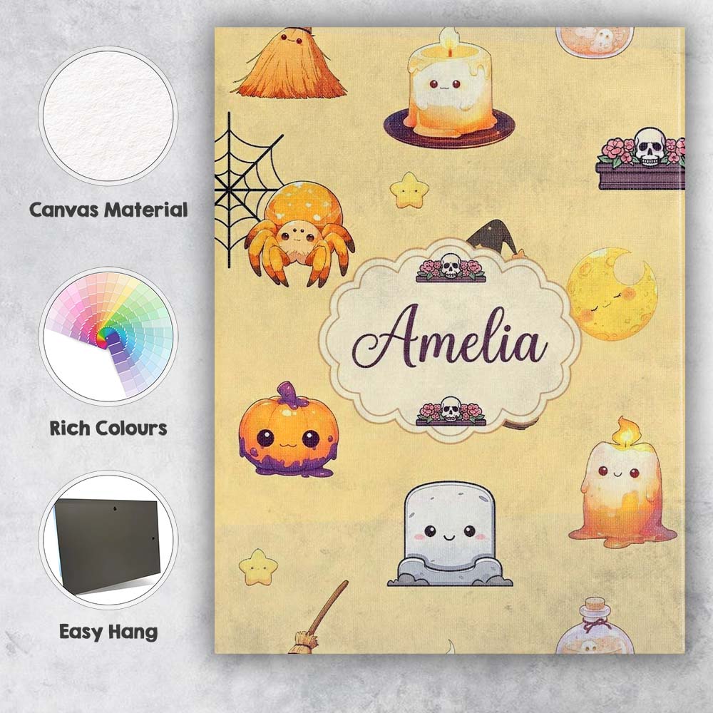 Personalised Name Cute Kawaii Halloween Custom  Modern Room Accent Elegant Feature Canvas Wall Art Print Decor Picture Ready to Hang