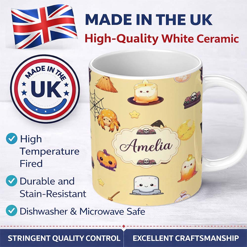 Personalized Custom Name Cute Kawaii Halloween Witch Pumpkin Spider Seamless Pattern Beige 11oz Ceramic Coffee Tea Mug White Large Handle
