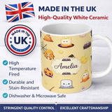 Personalized Custom Name Cute Kawaii Halloween Witch Pumpkin Spider Seamless Pattern Beige 11oz Ceramic Coffee Tea Mug White Large Handle