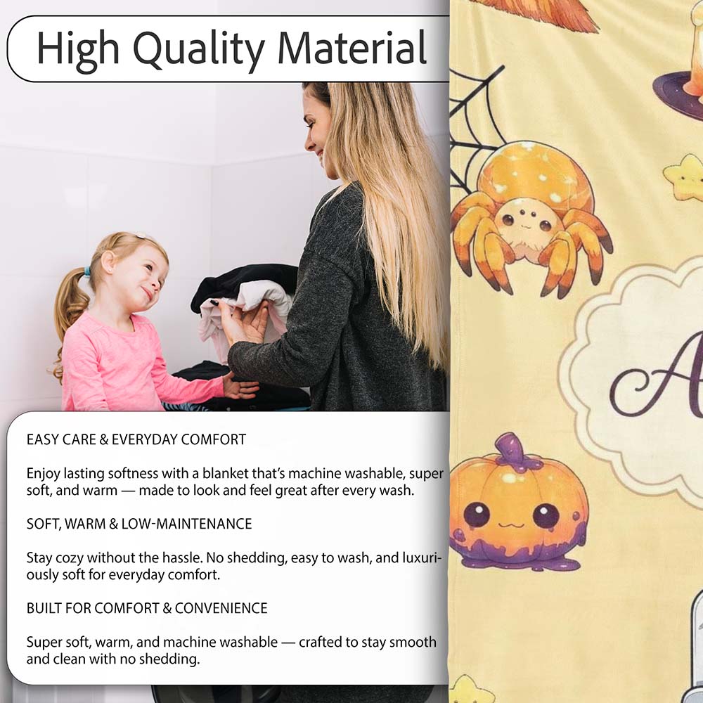 Cute Kawaii Halloween Witch Pumpkin Spider Seamless Pattern Beige  Personalised Custom Name Super Soft Fleece Blanket Bed Sofa Throw