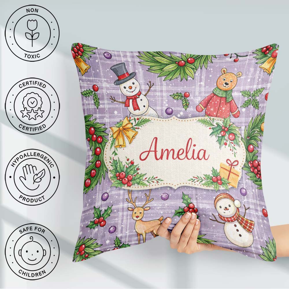Custom Name Winter Holiday Snowman Reindeer Seamless Pattern Square Filled Cushion Throw Pillow Sofa Bed Home Decor Zip Washable UK Made