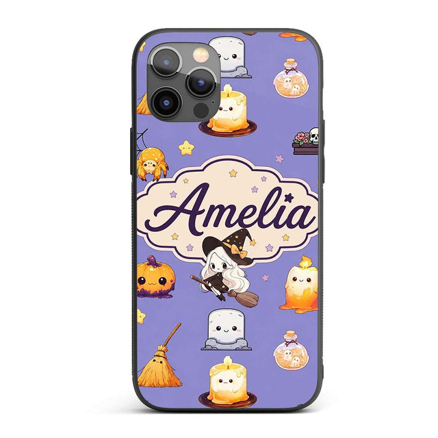 Cute Kawaii Halloween Witch Decorative Design Custom Name Protective Phone Case Mobile Cover Durable Everyday Smartphone Shock Resistant