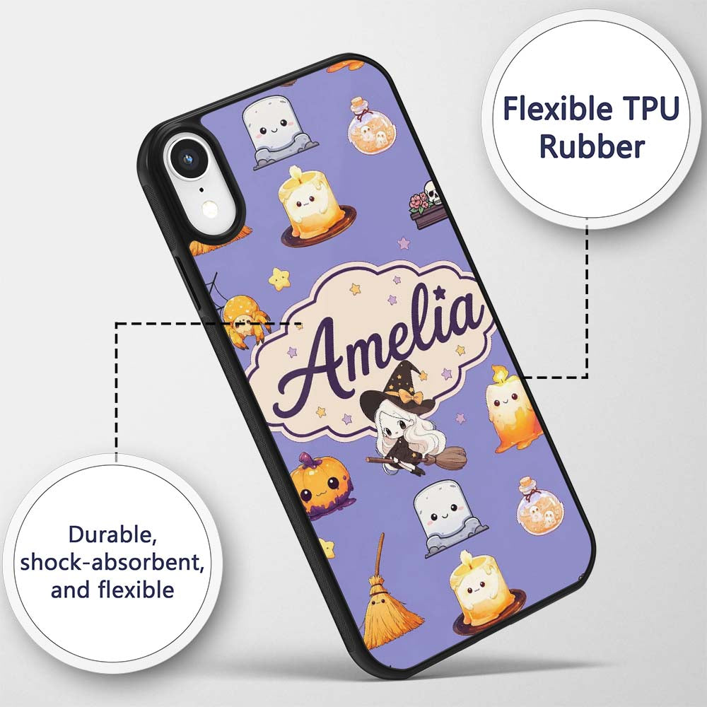 Cute Kawaii Halloween Witch Decorative Design Custom Name Protective Phone Case Mobile Cover Durable Everyday Smartphone Shock Resistant