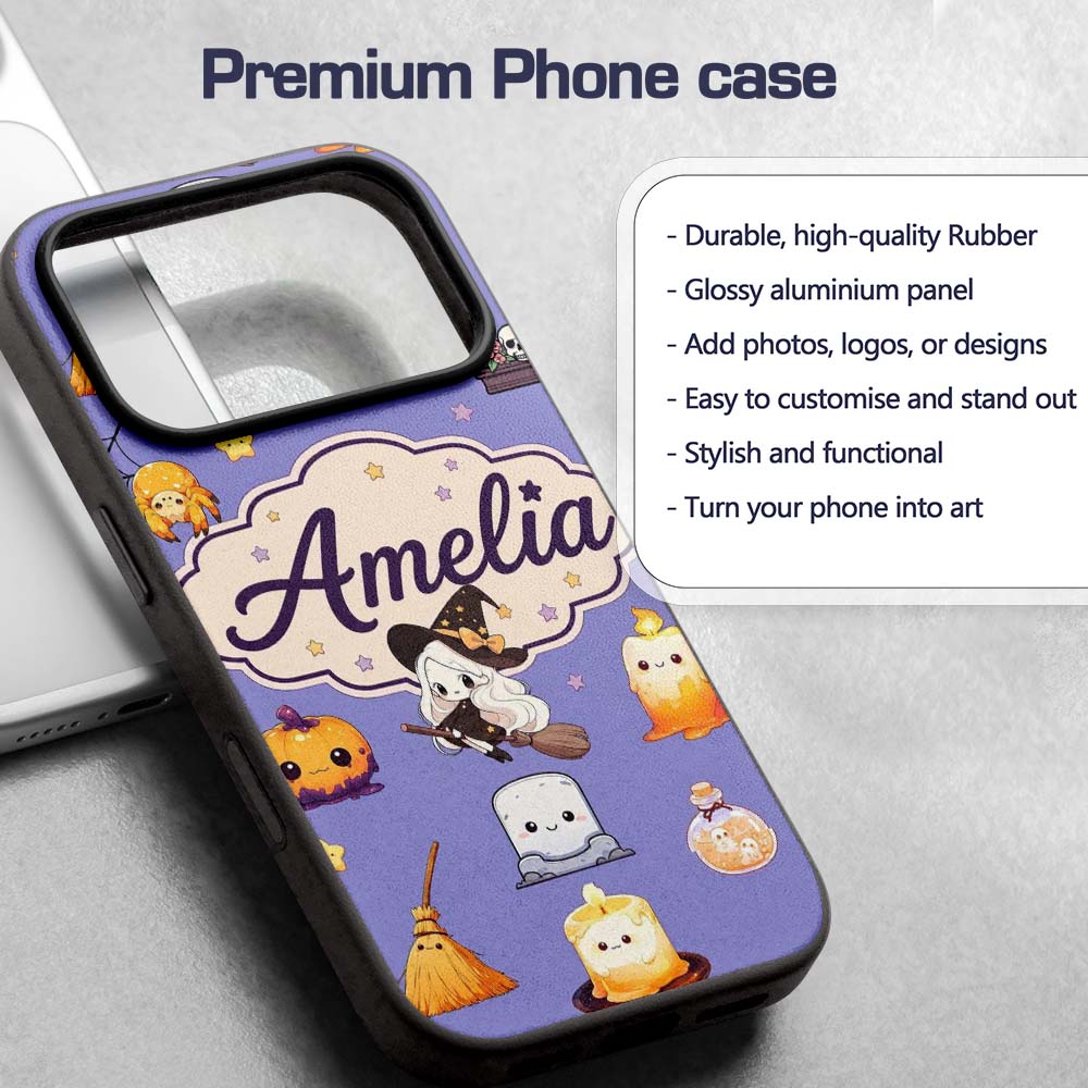 Cute Kawaii Halloween Witch Decorative Design Custom Name Protective Phone Case Mobile Cover Durable Everyday Smartphone Shock Resistant
