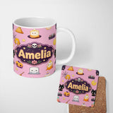 Personalized Custom Name Cute Kawaii Halloween Witch Pumpkin Spider Seamless Pattern Rose 11oz Ceramic Coffee Tea Mug White Large Handle